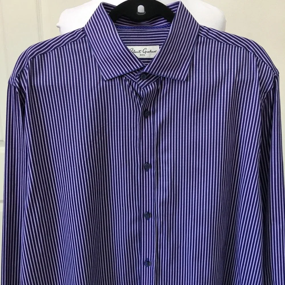 Robert Graham Men's Purple Striped Long Sleeve Button Front Shirt Size 17.5